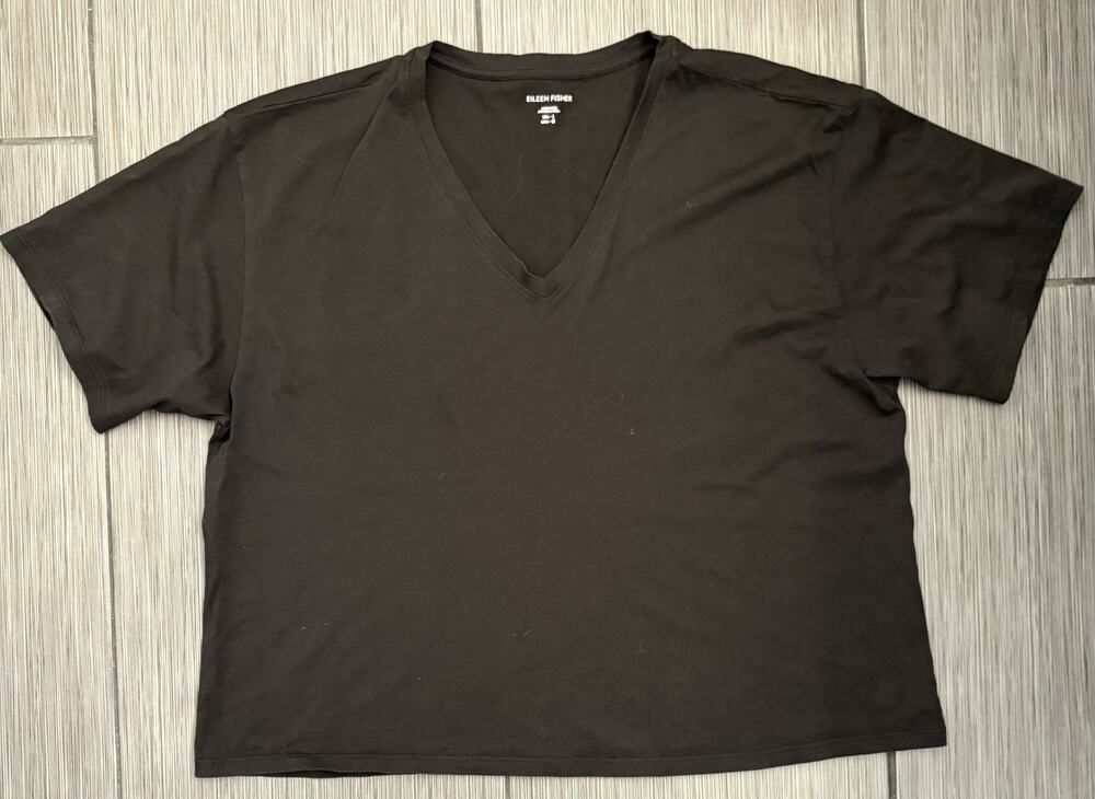 Eileen Fisher Black Short Sleeve V-neck T-shirt Size XL Boxy Oversized Cotton